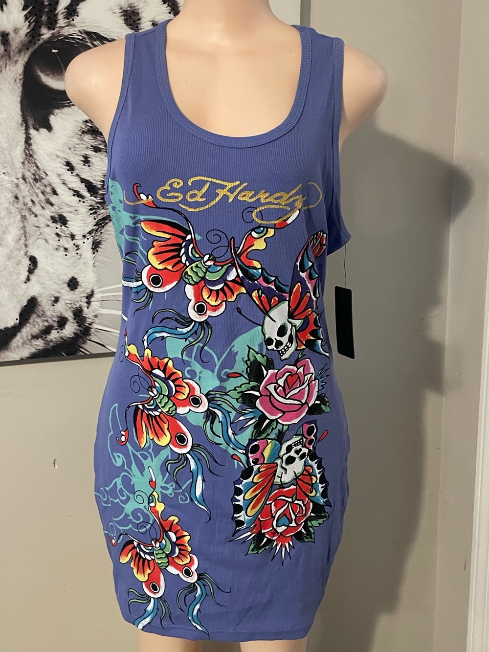 Ed Hardy Authentic Butterflies ribbed tank dress graphic purple size XL vibrant